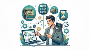 Иллюстрация с миниатюрным покерным набором и фишками для статьи об условиях отыгрыша бонусов