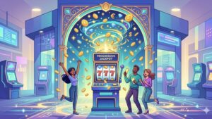 Современная иллюстрация с элементами казино и прогрессивным джекпотом для блога Grand Poker Plaza