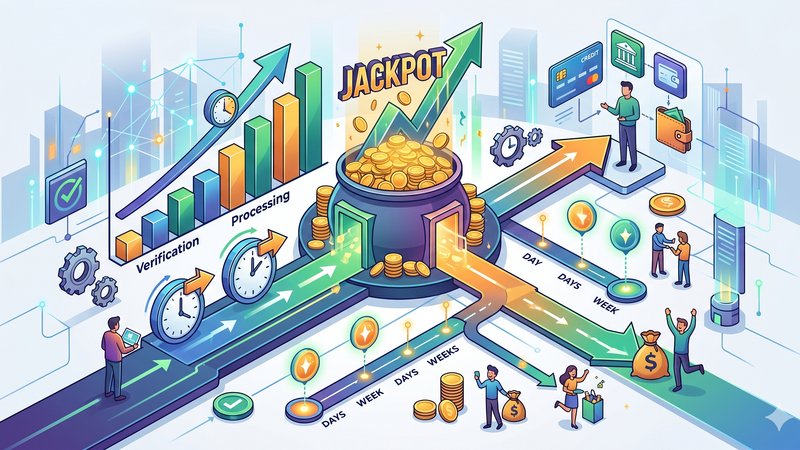 Современная иллюстрация с золотыми монетами и часами, символизирующая сроки выплат прогрессивного джекпота.